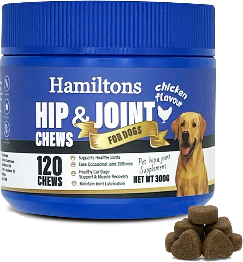 Hamiltons Hip & Joint Supplement 120 Treats for Dogs – Glucosamine, Chondroitin, Green Lipped Mussel & MSM Supplement for Mobility flexibility Support-Aids Stiff joints -Chicken Flavour Chews