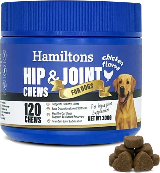 Hamiltons Hip & Joint Supplement 120 Treats for Dogs – Glucosamine, Chondroitin, Green Lipped Mussel & MSM Supplement for Mobility flexibility Support-Aids Stiff joints -Chicken Flavour Chews