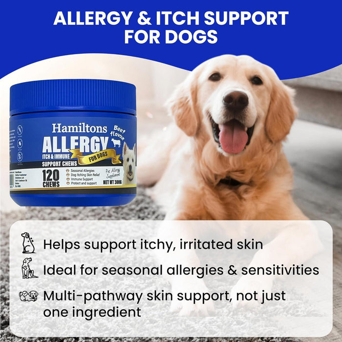 Hamiltons Allergy & Itch Chews for Dogs 120 Immune Support Soft Chews, For Itchy Skin, Seasonal Allergies & Sensitive Dogs