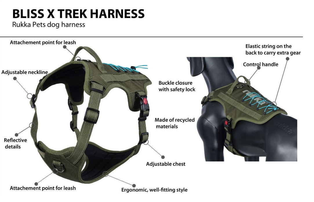Rukka Rukka Bliss X Trek Dog Harness – Army Green – Reflective & Adjustable Dog Harness UK